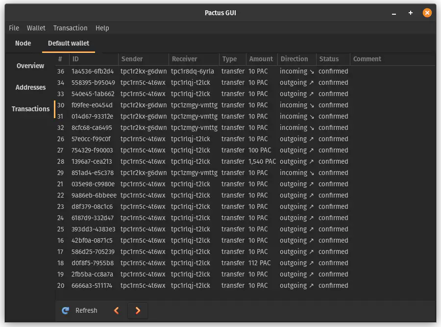 Transaction page in Pactus GUI